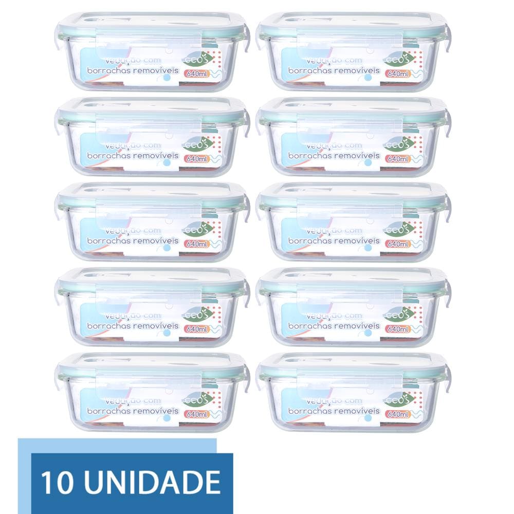 10 Potes Hermetico Retangular Vidro Borosilicato Tampa4 Travas Marmita