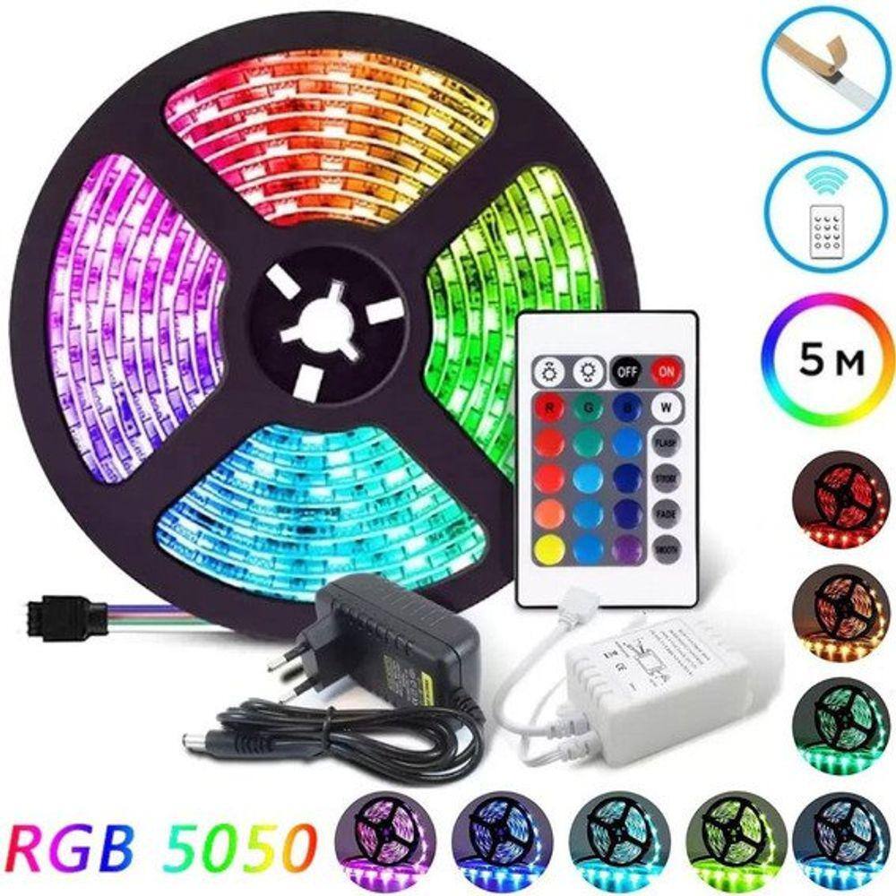 Fita Super Led 5mt Rgb 5050 Colorida Prova D Agua Controle Fonte Lcg