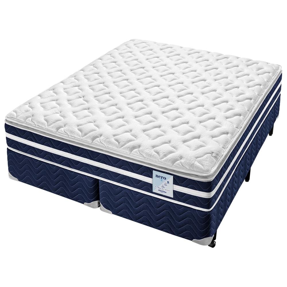 Cama Box King Size Americanflex Nero + Colchão King Size AmericanFlex Nero Gel com Pillow Top e Molas Ensacadas 67x193x203 cm - Azul/Branco