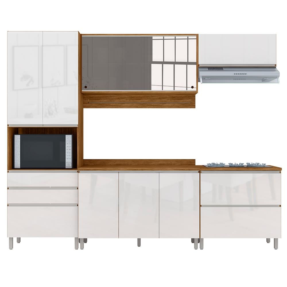 Cozinha Completa Bartira Amazonita com 9 Portas, 4 Gavetas e 7 Prateleiras - 271,2cm de largura - Branco/Damasco