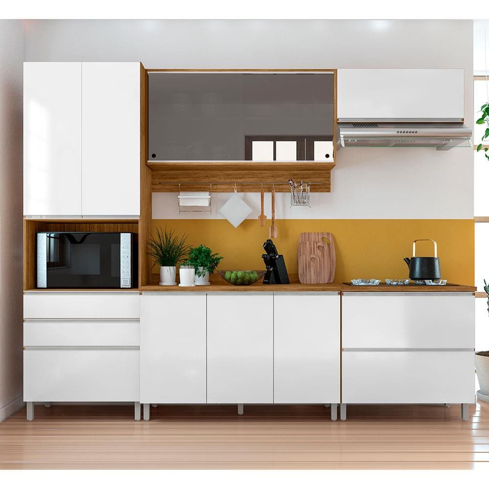 Cozinha Completa Bartira Amazonita com 9 Portas, 4 Gavetas e 7 Prateleiras - 271cm de largura - Damasco/Branco