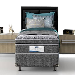 Cama Box de Solteiro Probel Village D28 com Molas Ensacadas e Pillow Euro 68x88x188cm - Branco/Preto