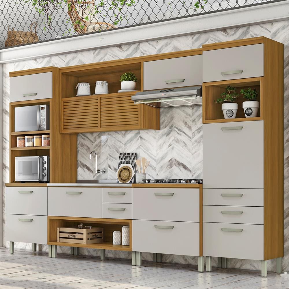 Cozinha Completa em MDF Nesher Princesa com 8 Portas 7 Gavetas e 17 Prateleiras - Freijo/Off White 334cm