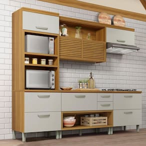 Cozinha Completa em MDF Nesher Princesa com 6 Portas 4 Gavetas e 12 Prateleiras - Freijo/Off White 270cm