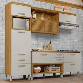 Cozinha Completa em MDF Nesher Princesa com 6 Portas 6 Gavetas e 12 Prateleiras - Freijo/Offwhite 264cm