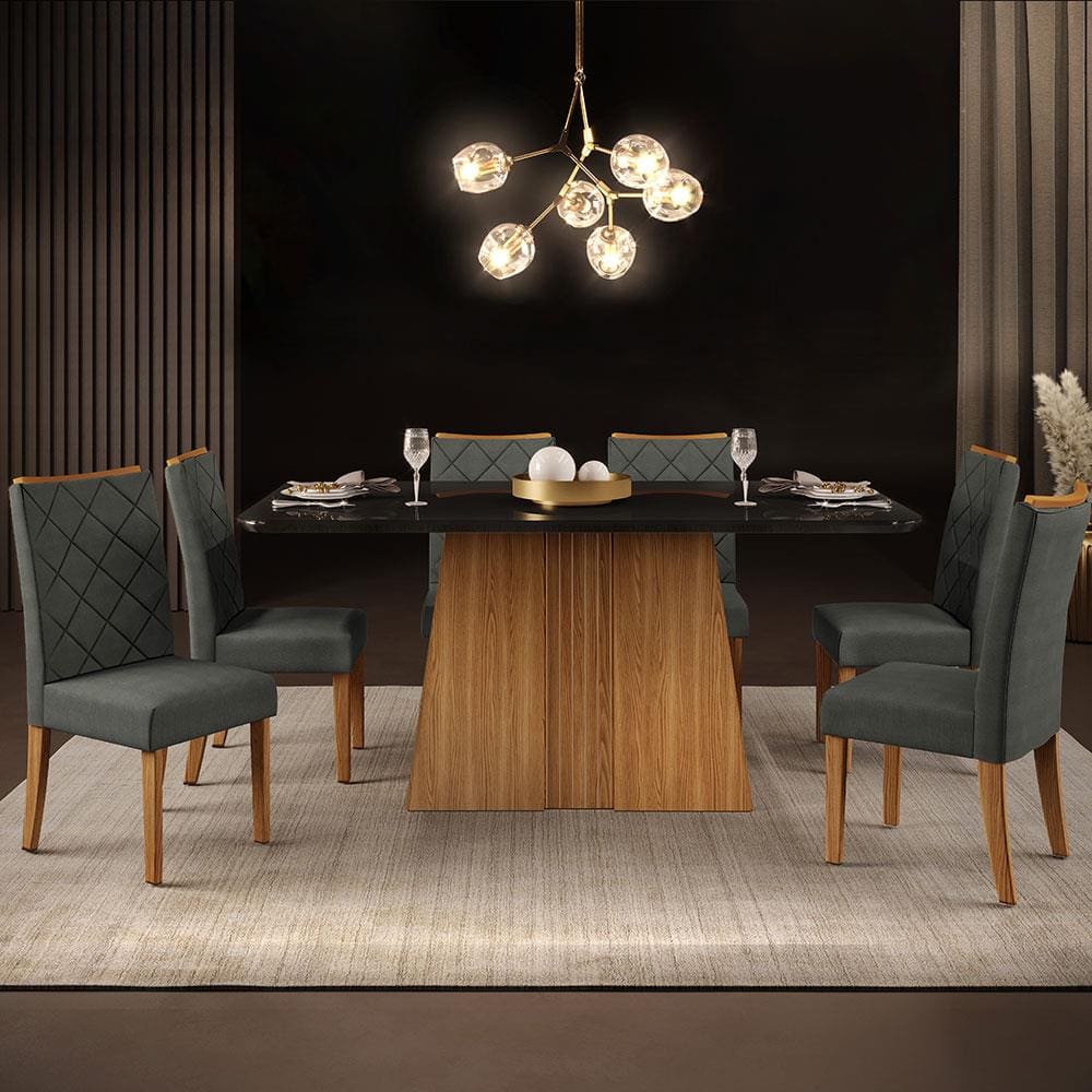 Mesa de Jantar Retangular DJ Móveis Raquel Plus com 6 Cadeiras Revestidas em Suede e Veludo
