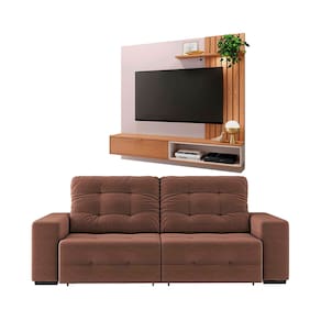 Sofá 4 Lugares Linoforte Bonno com Assento Retrátil e Encosto Reclinável + Painel Home Suspenso Colibri Tocantins Ideal para TV de até 60''