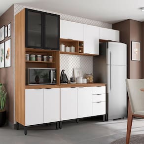 Cozinha Compacta Demóbile Firenze com Pia, 10 Portas, 2 Gavetas e 7 Prateleiras - 260cm de largura - Amêndola/Branco