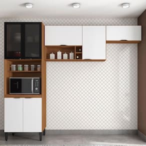 Cozinha Compacta Demóbile Firenze com 7 Portas, 6 Prateleiras e Nicho para Micro-ondas - 260cm de largura - Amêndola/Branco
