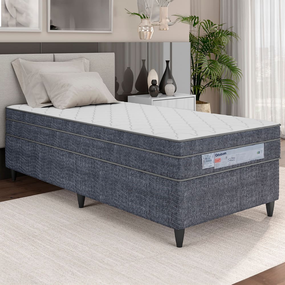 Cama Box de Solteiro Ortobom New Caring com Europillow e Molas Nanolastic 61x88x188cm - Cinza/Branco