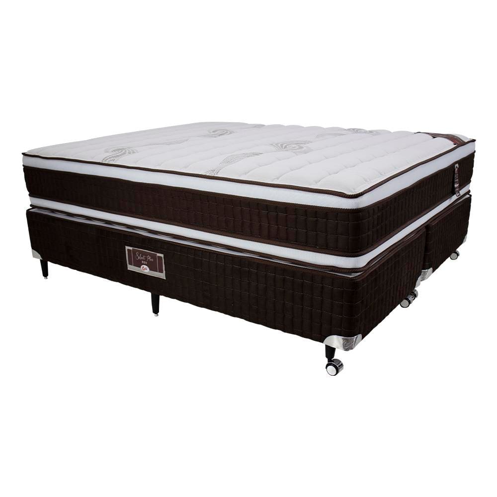 Cama Box Queen Size Castor Selle P Double com Revestimento em Tecido Suede + Colchão com Molejo Tecnopedic e Euro Pillow 34x158x198cm – Marrom e Bege
