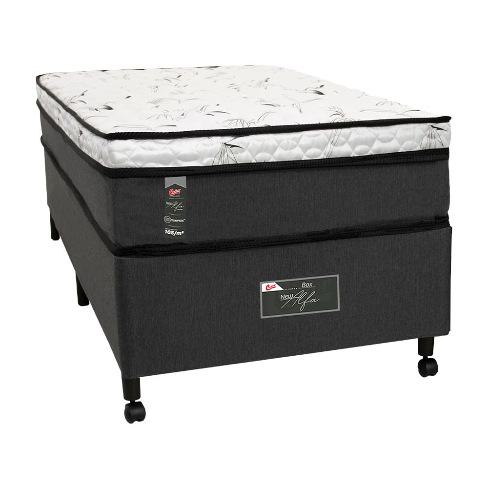 Cama Box Solteiro Castor New Alfa One em tecido Poliéster Cinza + Colchão de com Molejo Tecnopedic, Euro Pillow em Malha 24x88x188cm