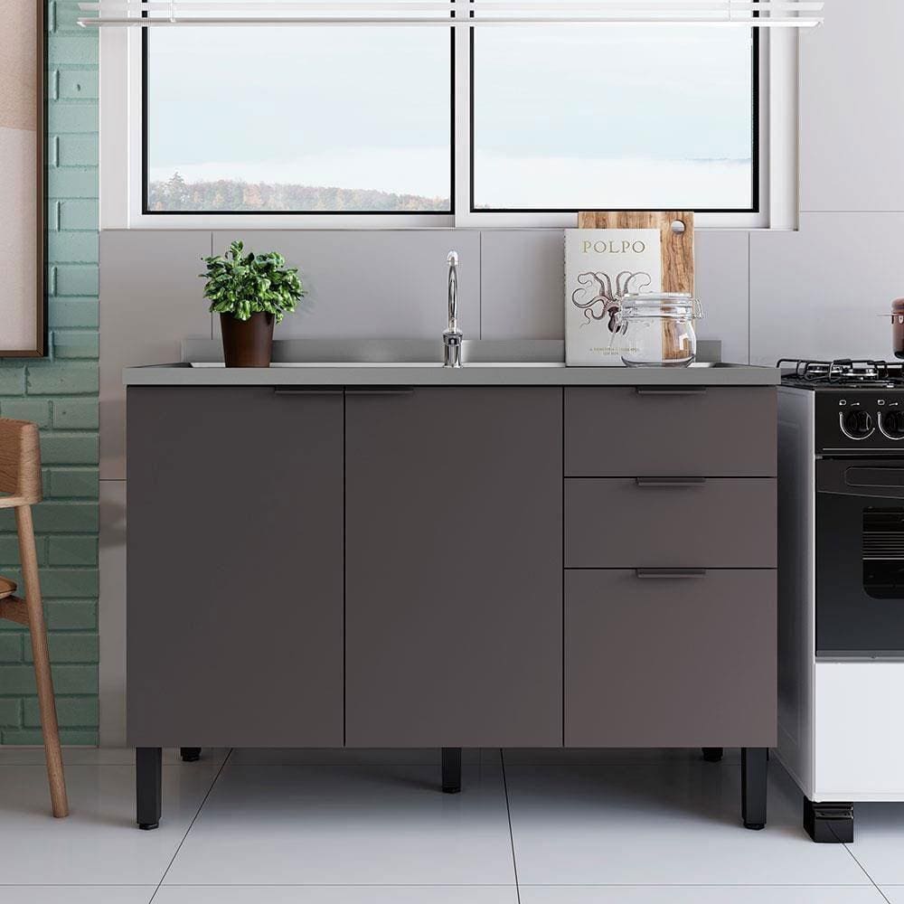 Balcão Bartira Universal com 1 Pia, 2 Portas e 3 Gavetas - 120cm de largura