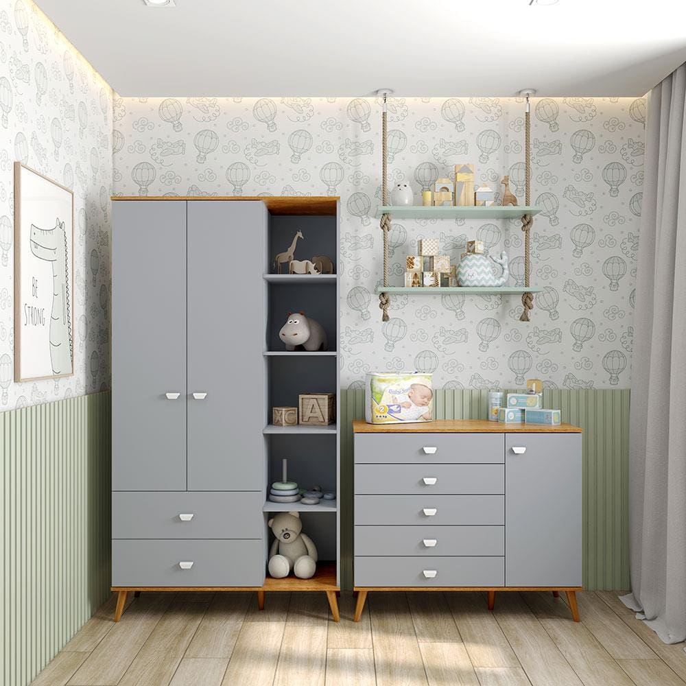 Guarda-Roupa Bartira Ternura com 5 Nichos, 2 Portas, 2 Gavetas + Cômoda Bartira Ternura com 5 Gavetas e 1 Porta - Azul Wood - Miniatura 5