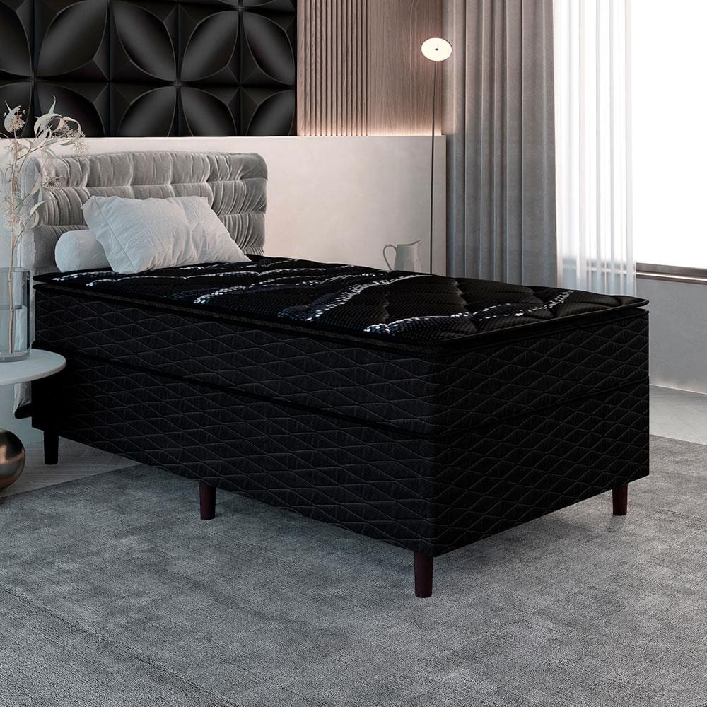 Cama Box de Solteiro Umaflex New Itália Black com Molas Ensacadas, Revestimento em Jacquard e Pillow Top D26 63X88X188cm - Preto