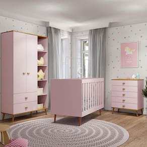 Guarda-Roupa Bartira Ternura com 5 Nichos, 2 Portas, 2 Gavetas + Cômoda Ternura com 5 Gavetas + Berço Móveis Estrela Ternura