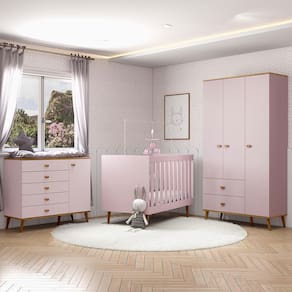 Guarda-Roupa Bartira Ternura com 3 Portas, 2 Gavetas + Cômoda Ternura com 5 Gavetas e 1 Porta + Berço Mini Cama Móveis Estrela Ternura