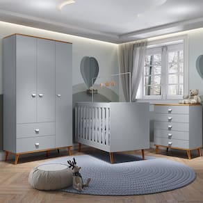 Guarda-Roupa Bartira Ternura com 3 Portas, 2 Gavetas + Cômoda Ternura com 5 Gavetas + Berço Móveis Estrela Ternura