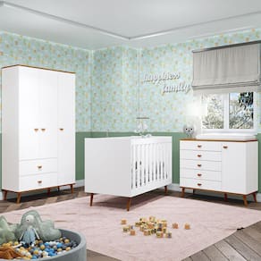 Guarda-Roupa Bartira Ternura com 3 Portas, 2 Gavetas + Cômoda Ternura com 5 Gavetas e 1 Porta + Berço Mini Cama Móveis Estrela Ternura