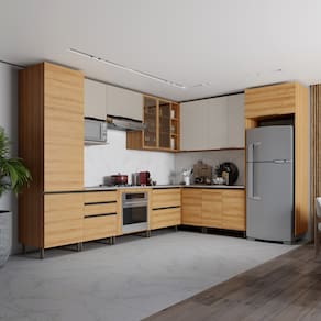 Cozinha Bartira Cristal com 13 Portas, 5 Gavetas, 13 Prateleiras e Nicho para Forno e Micro-ondas - 762,8cm de Largura