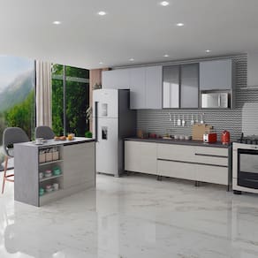 Cozinha Completa Bartira Cristal com 10 Portas, 5 Gavetas, 9 Prateleiras e Bancada Gourmet - 300cm de Largura