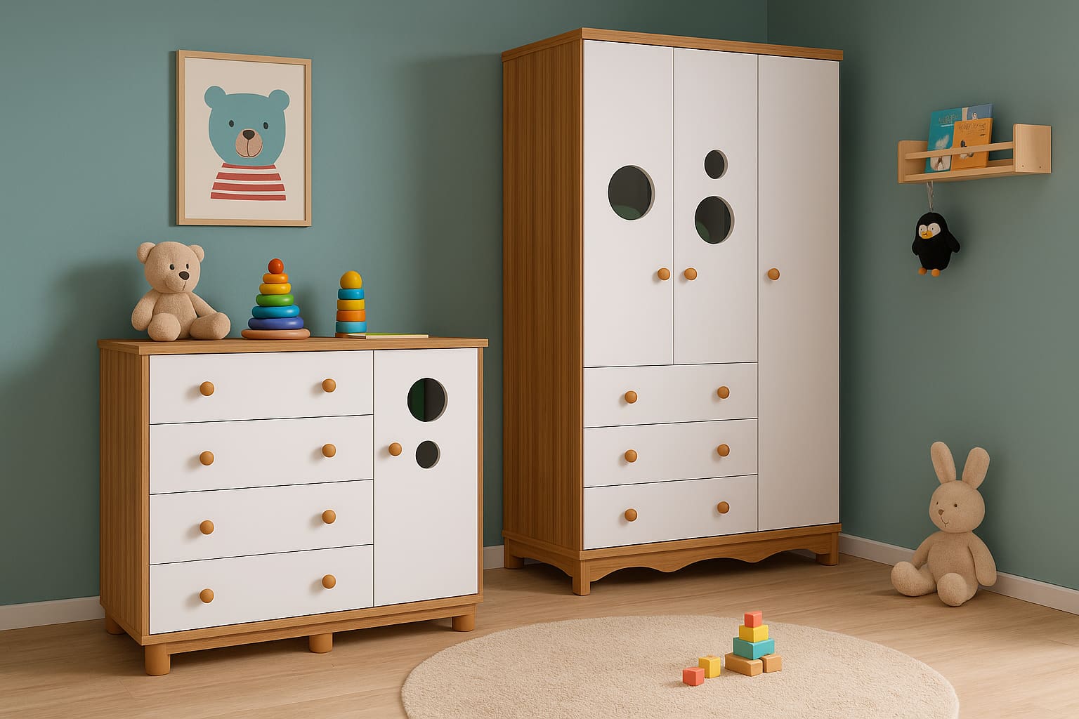 Guarda-Roupa Infantil Peroba Móveis Duda com 3 Portas, 3 Gavetas + Cômoda Duda Plus com 4 Gavetas