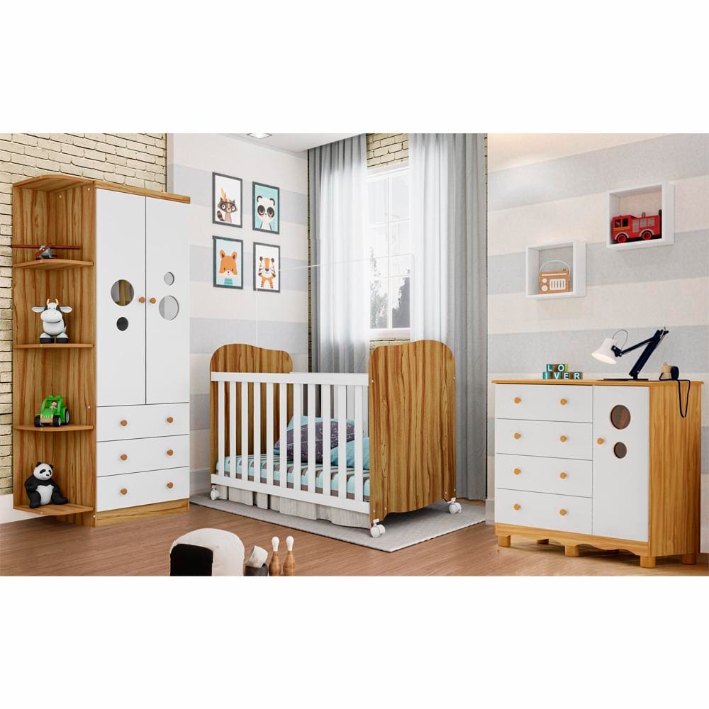 Guarda-Roupa Infantil Peroba Duda Plus, 86 cm de Largura + Cômoda com 1 Porta, 4 Gavetas, 1 Prateleira, 95,3 cm de Largura + Berço Americano