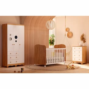 Guarda-Roupa Infantil Peroba Duda Plus com 92 cm de largura + Cômoda com 4 Gavetas e 65,1 cm de largura + Berço Americano