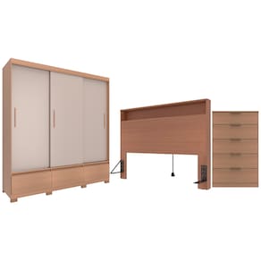 Guarda-Roupa Bartira Monza com 3 Portas de Correr e 3 Gavetas + Cômoda Versatti com 5 Gavetas + Cabeceira para Cama Box Casal Versatti com Tomada