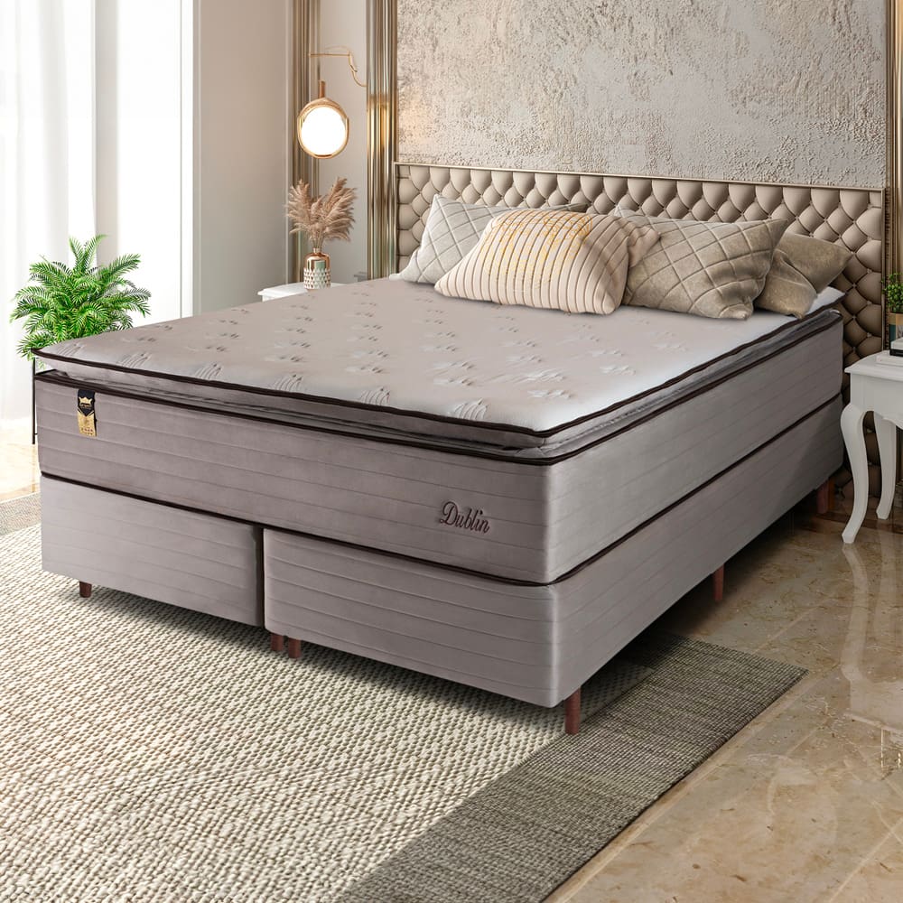 Cama Box Bipartida King Size Hellen Dublin Linho com Molas Ensacadas e Espuma D26 66x193x203 cm - Bege