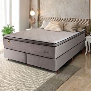 Cama Box Bipartida King Size Hellen Dublin Linho com Molas Ensacadas e Espuma D26 66x193x203 cm - Bege