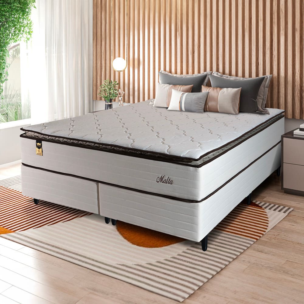 Cama Box Bipartida King Size Hellen Malta Linho com Molas Ensacadas e Espuma D26 66x193x203 cm - Bege