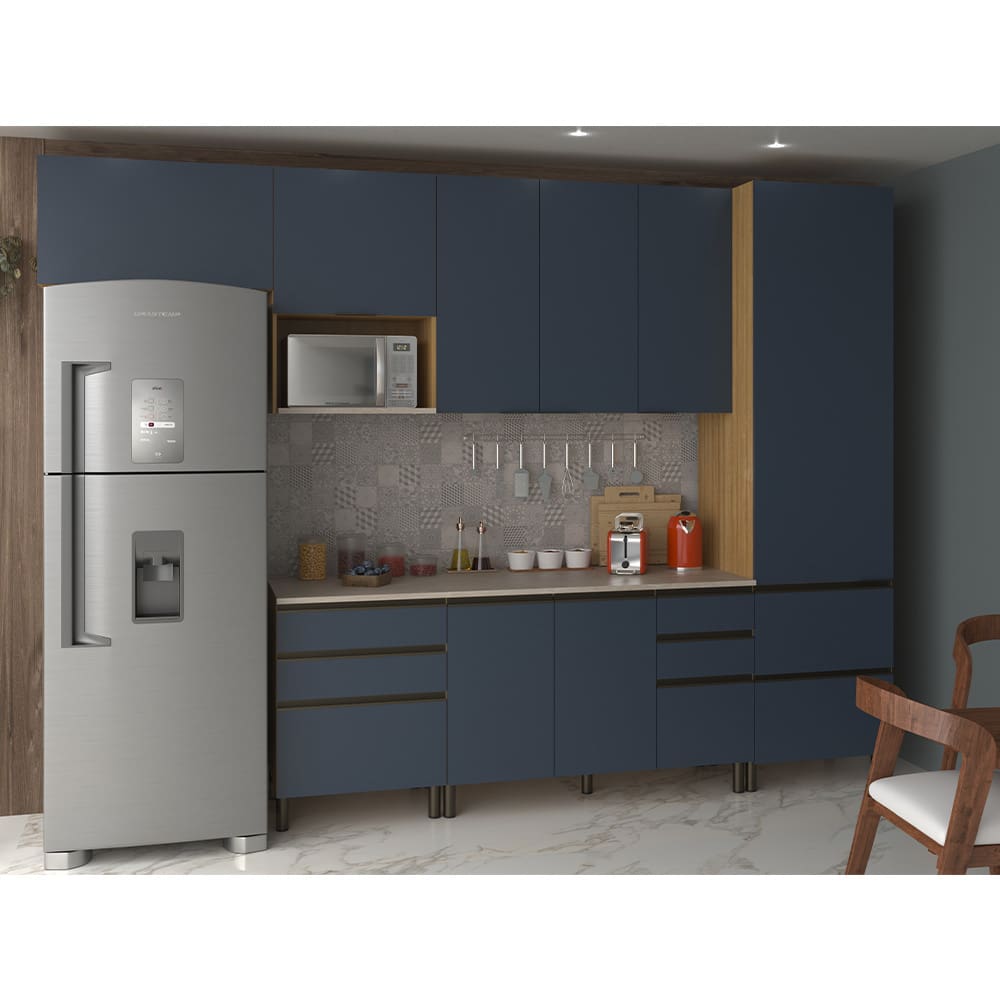 Cozinha Completa Bartira Cristal 8 Portas, 8 Gavetas, 8 Prateleiras e 320cm de largura - Lâmina de Mel/Azul Royal
