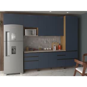 Cozinha Completa Bartira Cristal 8 Portas, 8 Gavetas, 8 Prateleiras e 320cm de largura - Lâmina de Mel/Azul Royal