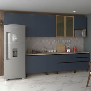 Cozinha Completa Bartira Cristal com 9 Portas, 7 Gavetas, 8 Prateleiras, 1 Nicho e 340cm de Largura - Lâmina Mel/Azul Royal