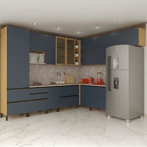 Cozinha Completa de Canto Bartira Cristal com 12 Portas, 9 Gavetas, 15 Prateleiras, 3 Nichos e 300cm de Largura - Lâmina Mel/Azul Royal