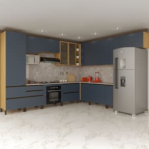 Cozinha Completa Bartira Cristal 13 Portas, 9 Gavetas e 15 Prateleiras com 340cm de largura - Lâmina Mel/Azul Royal
