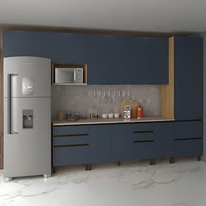 Cozinha Completa Bartira Cristal Tempero com 9 Portas, 10 Gavetas, 10 Prateleiras, 1 Nicho para Micro-ondas e 360cm de Largura - Lâmina Mel/Azul Royal