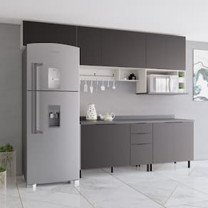 Cozinha Completa Bartira Rubi com 9 Portas, 5 Prateleiras, 3 Gavetas, 1 Nicho para Micro-ondas e 360cm de Largura – Preto