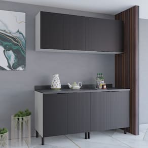 Cozinha Compacta Bartira Rubi com 8 Portas, Balcão Duplo Freixo/Preto Poah - 160cm largura