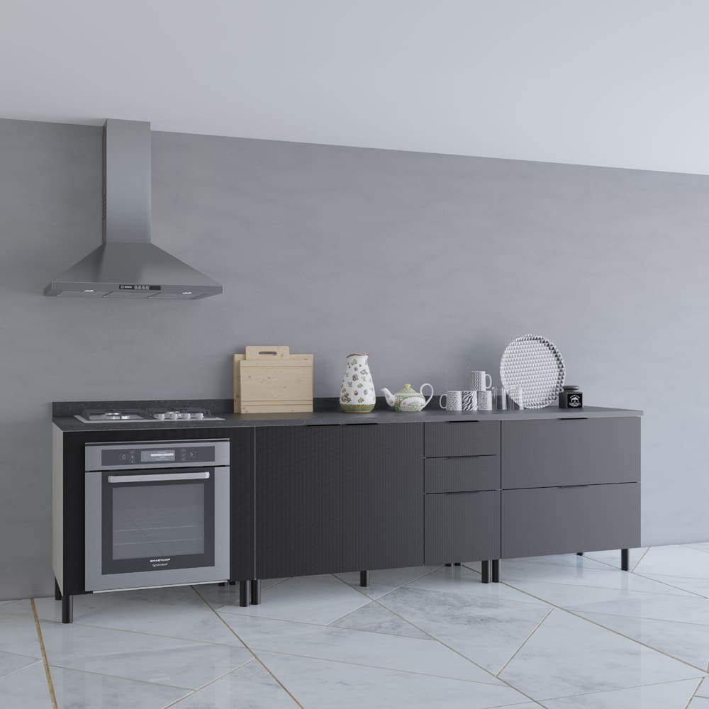 Cozinha Modulada Bartira Rubi com 2 Portas, 2 Gavetas, 3 Gavetões, 1 Prateleira e 280,2cm de Largura - Freixo/Preto Poah