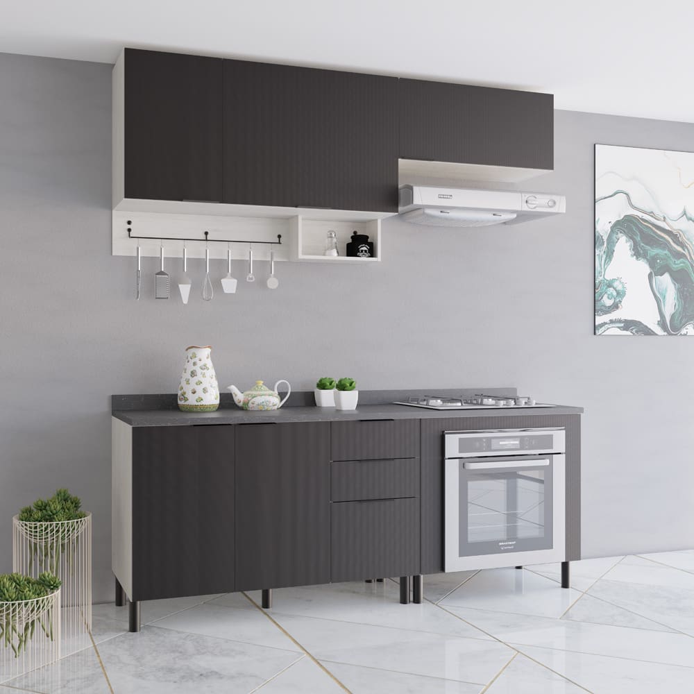 Cozinha Compacta Bartira Rubi com 5 Portas, 2 Gavetas, 1 Gavetão, 3 Prateleiras e 200cm de Largura - Freixo/Preto Poah