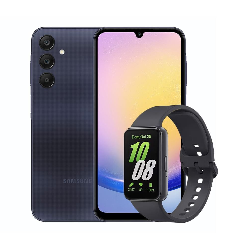 Smartphone Samsung Galaxy A25 5g 256gb Azul Escuro, 8gb, Tela Infinita de 6.5", Octa-Core, Câmera Tripla Traseira + Galaxy Fit3 Grafite