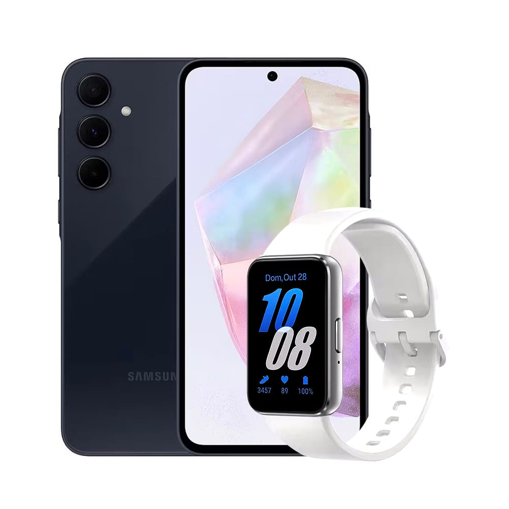 Smartphone Samsung Galaxy A35 5g 256gb Azul Escuro 8gb Ram Câmera Tripla de Até 50mp, Tela Super Amoled de 6.6” + Galaxy Fit3 Prata Display de 1.6"