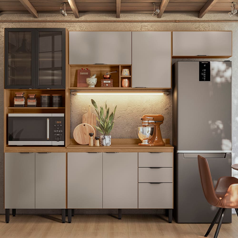 Cozinha Completa Demóbile Firenze com 10 Portas, 2 Gavetas, 7 Prateleiras, 4 Nichos e 260cm de Largura - Amêndoa/Nude Prime TX