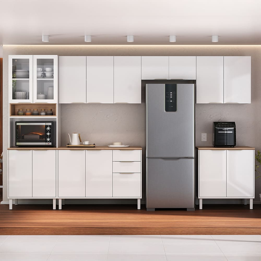 Cozinha Completa Itatiaia Renova com 16 Portas, 2 Gavetas, 7 prateleiras, 1 Nicho para Micro-ondas e 280cm de largura - Branco Neve