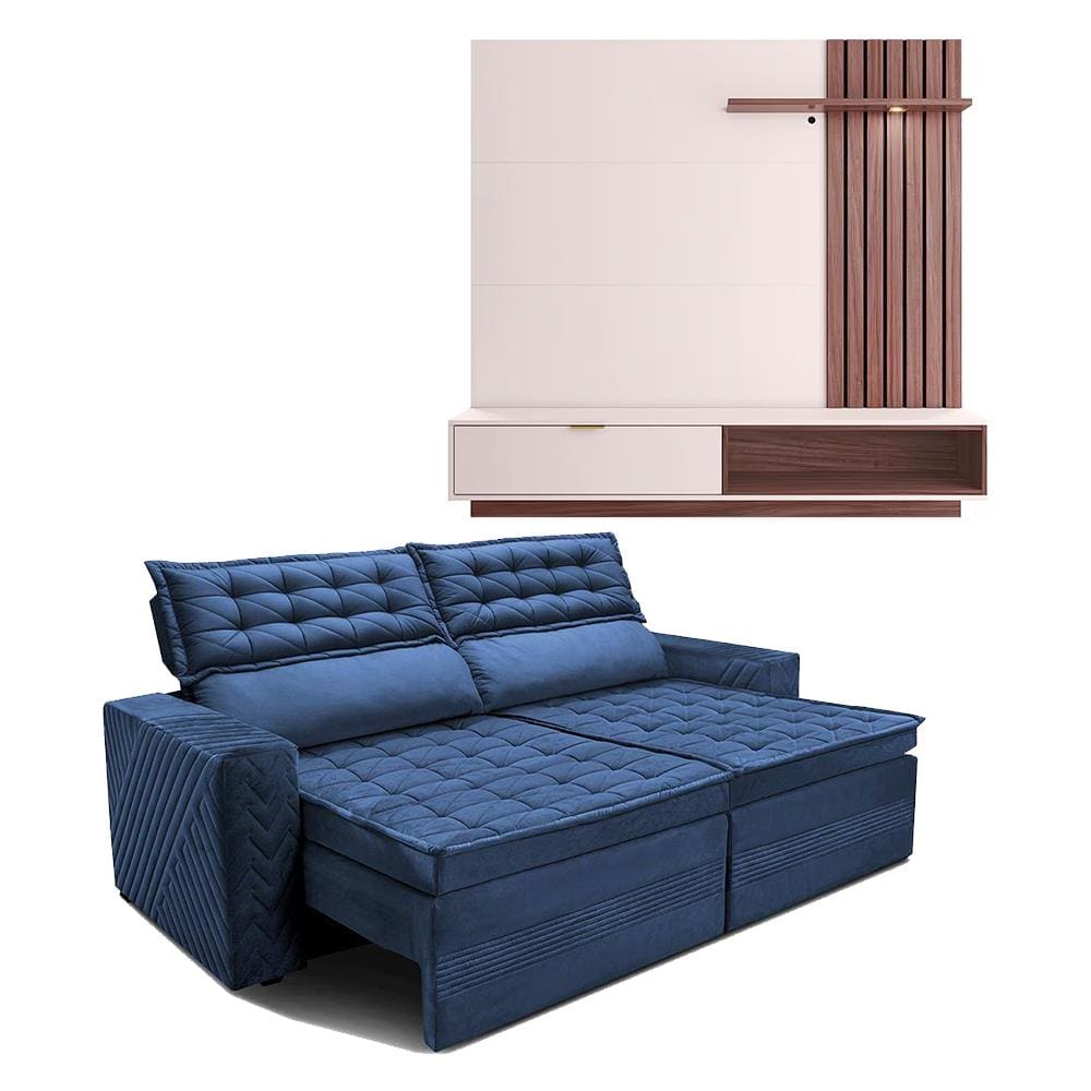 Painel Home Suspenso Colibri Tocantins Ideal para TV de até 60”, Off White/Nogueira Real + Sofá 4 Lugares Cama inBox Cielo Retrátil - 230cm de largura