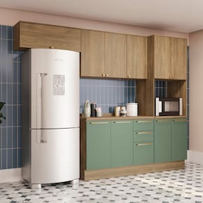 Cozinha Completa Kappesberg Botanic Flora com 10 Portas, 3 Gavetas, 6 Prateleiras, 1 Nicho e 280cm de largura - Nogueira/Verde Oliva