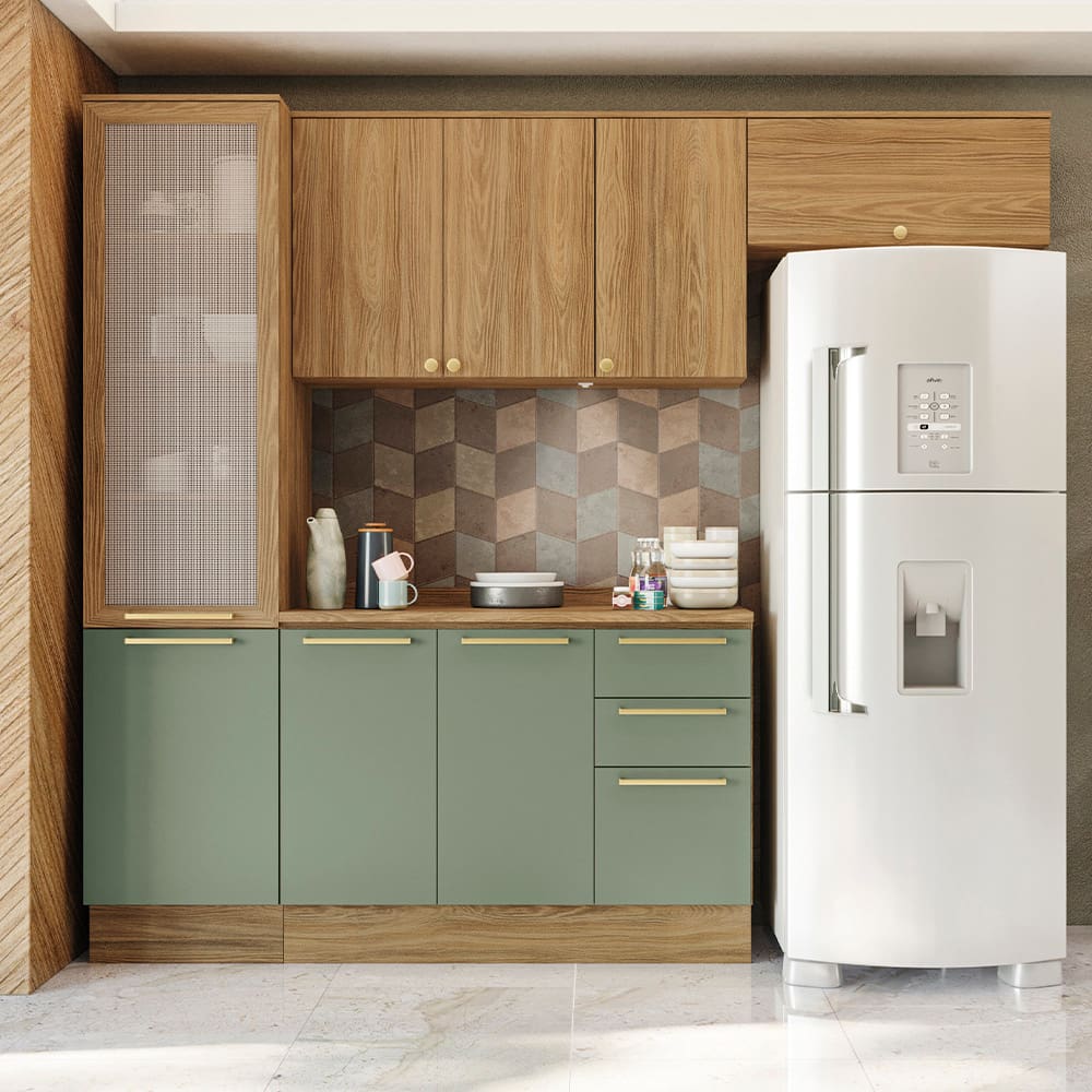 Cozinha Completa Kappesberg Botanic Flora com 8 Portas, 3 Gavetas, 8 Prateleiras e 250cm de largura - Nogueira/Verde Oliva