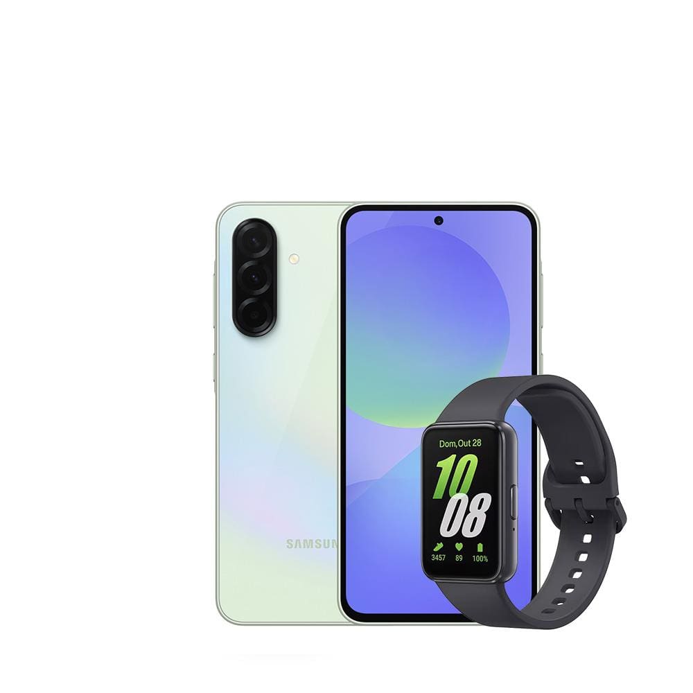 Smartphone Samsung Galaxy A36 5G Verde 256GB, 6GB RAM, Câmera Tripla até 50MP, Tela Super AMOLED 6.7”, IP67, NFC e Recursos AI + Galaxy Fit3 Grafite